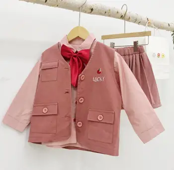 

2020 new girls 3 pcs set bow blouse+coat+skirt fashion spring cotton girls suit 2-7 years HJ533