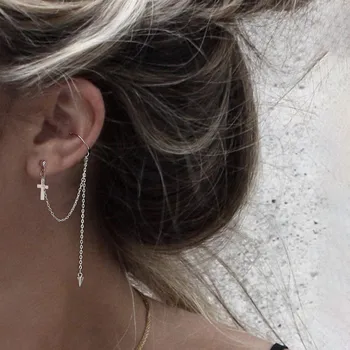 

DAIWUJAN 1pcs Ear Cuff Punk Earrings Fashion Cross Rivet Long Tassel Pendientes Ear Clip Earrings For Women Jewelry Gift