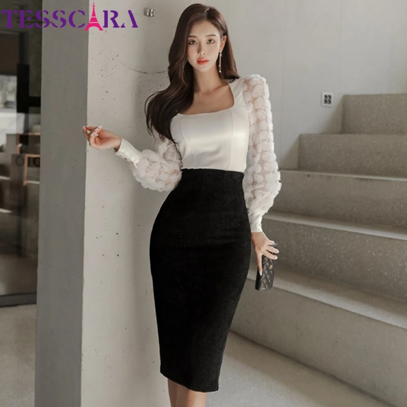 Tesscara Women Spring Elegant Pencil Dress Suit Set High Quality Office ...