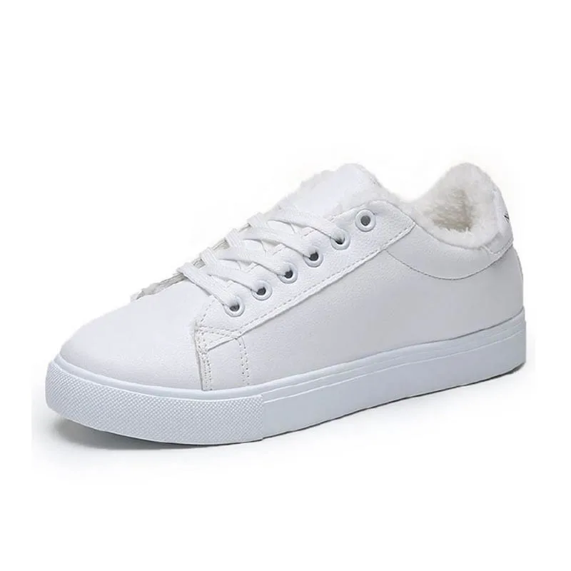 TAOFFEN Hot Sale Women White Shoes Vulcanized Sneakers Warm Casual Women Shoes Winter Fur Fashion Shoes Lady Footwear Size 35-39 - Цвет: Белый