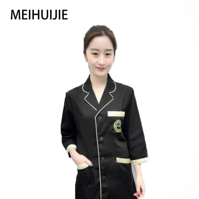Korean ladies Slim black coat laboratory Robe science lab coat beauty salonSlim Beautician Work clothes Beauty uniforms
