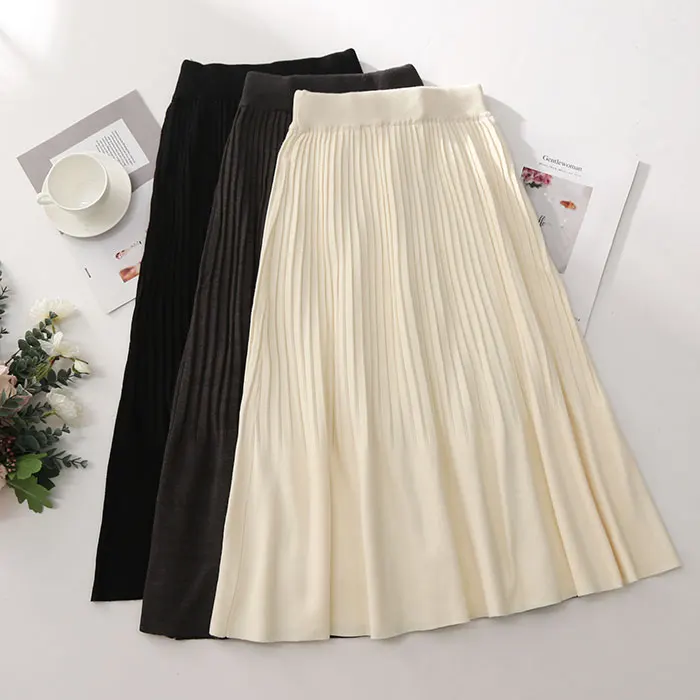 Бежевый, серый, черный гибкий стрейч высокой талией Миди плиссированные теплые термальные трикотажные юбки для женщин зимние женские юбки saias