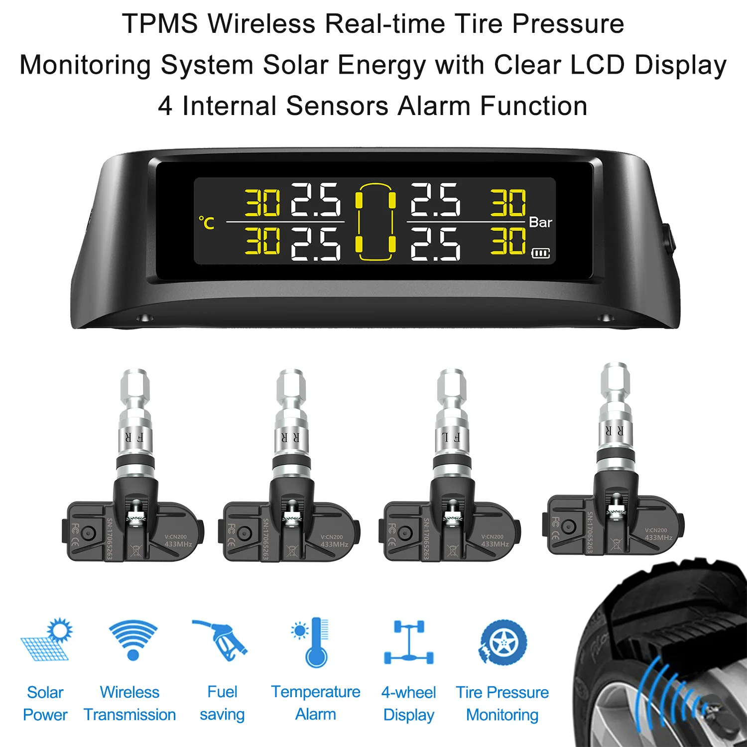 Универсальная Солнечная Беспроводная и usb зарядка система обнаружения TPMS система контроля давления в шинах с 4 внешними датчиками