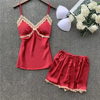 

Bathrobe Casual Pajamas Suit Satin Sleepwear 2PCS Strap Top&Shorts Lady Nightwear Intimate Lingerie Sexy Lace Nightgown Homewear