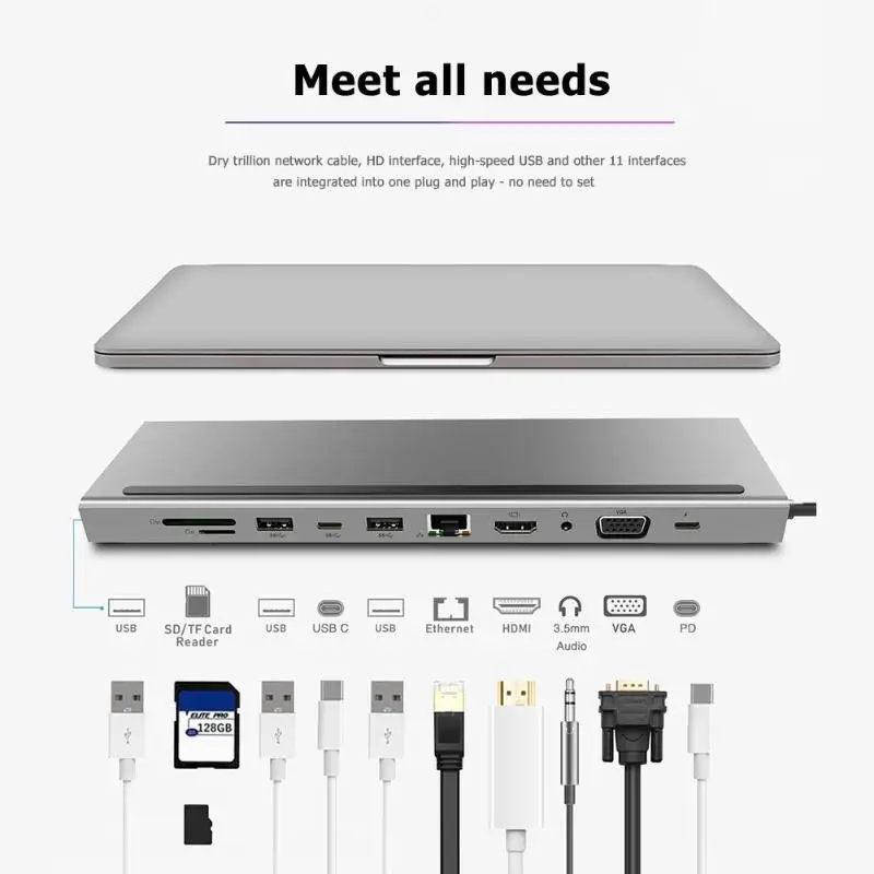 11 в 1 USB C концентратор 4K HDMI VGA 3,5 мм аудио USB-C USB3.0 RJ45 TF/SD кардридер PD Charing адаптер док-станции для MacBook Pro
