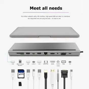 

11 in 1 USB C HUB to 4K HDMI VGA 3.5mm Audio USB-C USB3.0 RJ45 TF/SD Card Reader PD Charing Docking Adapter for MacBook Pro