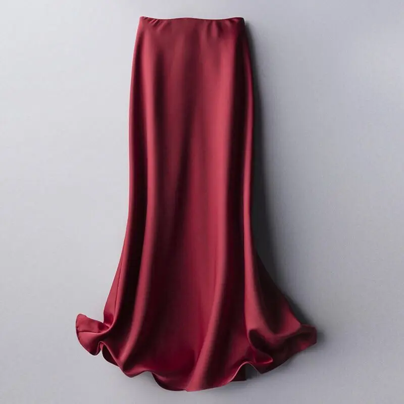 

Korean England Style Office Lady Simple Solid Satin Elegant Summer Midi Skirt Women Faldas Mujer Moda Long Skirts Womens