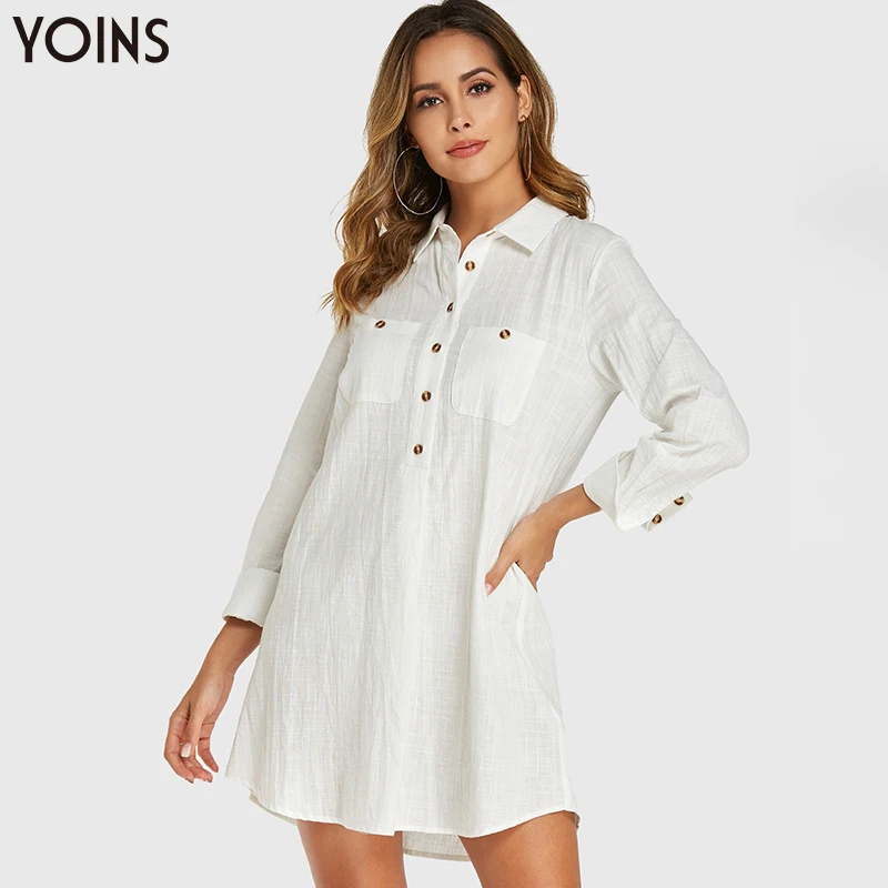 

YONIS 2019 Dress Women Summer Autumn Cotton Front Button Classical Collar Long Sleeves Mini Length Regular Casual Office Dresses