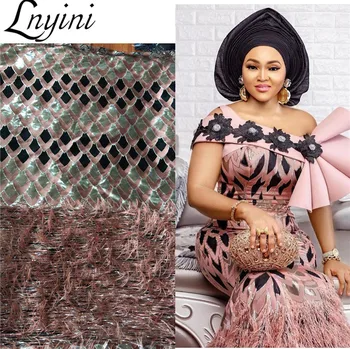 

Jacquard Fabrics Brocade Lace with Feather Latest Nigerian Tulle Mesh Lace Fabrics for Nigerian Wedding Brocade Fabrics L2918B