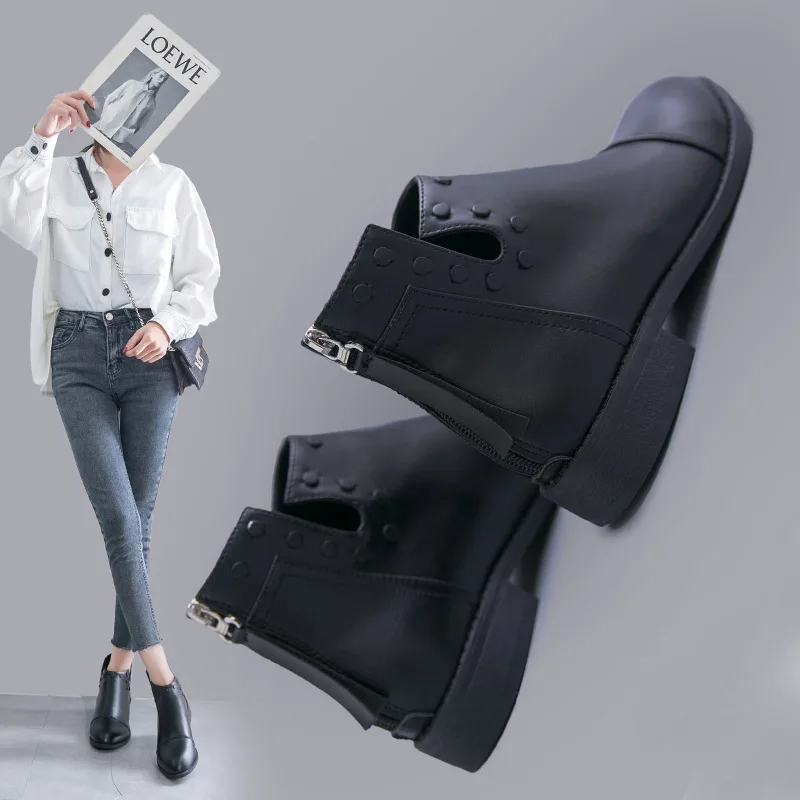 

Online Celebrity Chunky-Heel Martin Boots Women's 2019 Autumn New Style Pointed-Toe Small Short Boots after Zipper Flat Boots
