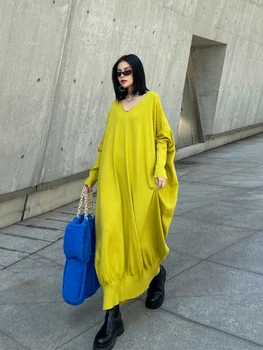 

SuperAen Knitted Autumn Winter Fashion Ankle-Length Solid Loose Slim V-neck Bat Sleeve Bottom Sweater Dresses for Women