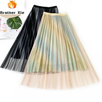 

Women Autumn 2020 High Waist A-Line Skirt Stretch Contrast Color Mesh Women Pleated Skirt Faldas Jupe Femme Saia
