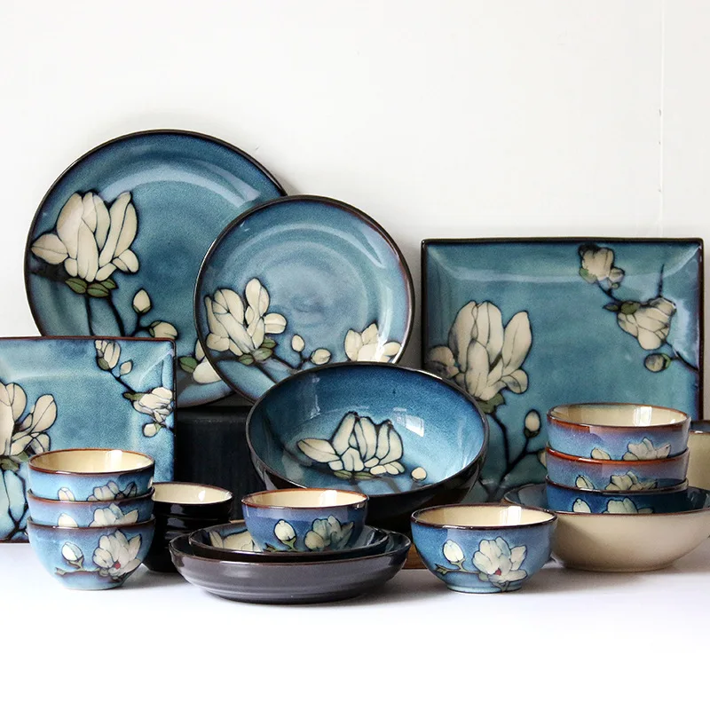Japanese Style Magnolia Flower Hand Painted Fruit Plate Big Soup Bowl Dessert Cake Kitchen Tableware Ceramic Set | Дом и сад