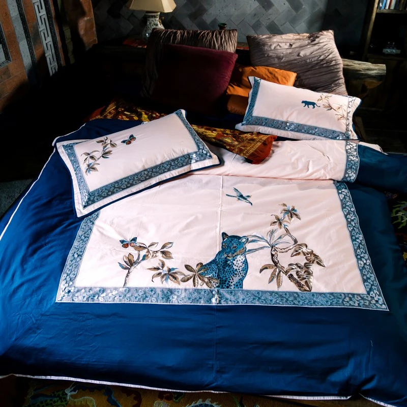 

Svetanya jungle Embroidered Luxury Bedding Sets Queen King Size Bedclothes 100% Cotton Brand Duvet Cover Set
