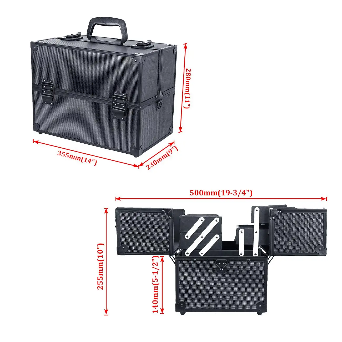 Case de Maquiagem Case de Trem de Jóias Organizador de Cosméticos Caixa com Camadas Bolsa de Jóias Alumínio Preto Profissional Portátil Case Lockable 2 Jogos de maquiagem