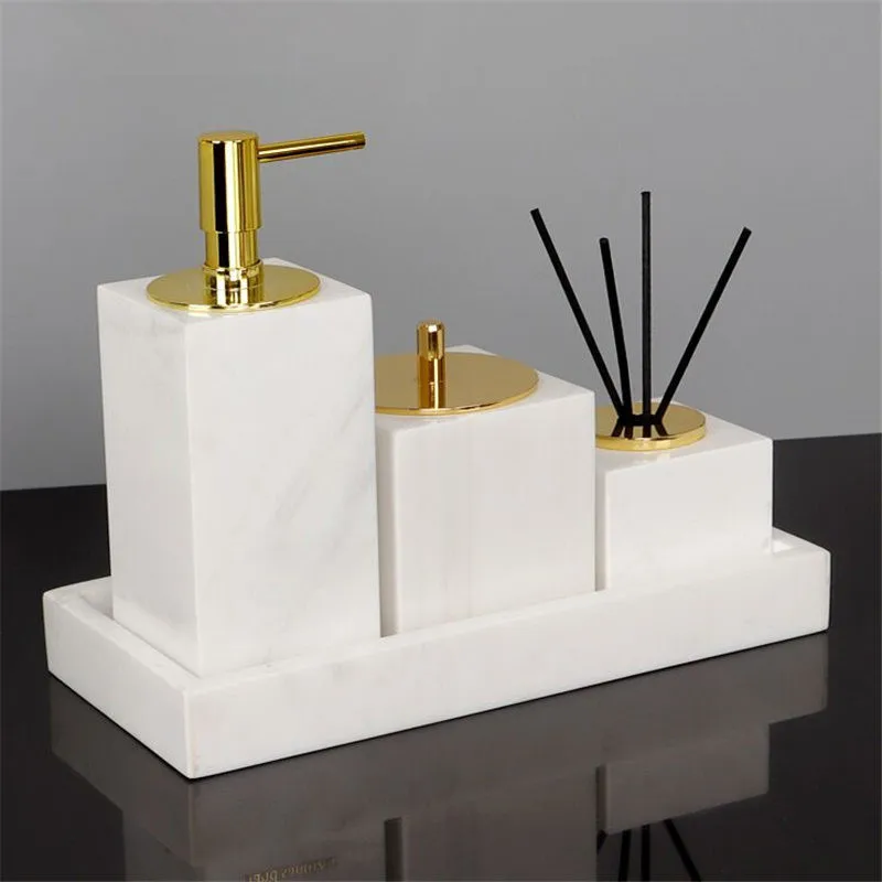 Bathroom Accessories Marble Soap Dispensers/Dish Toothbrush Holder Gargle Cups Tray Wedding Gifts Gold Head White By Piece