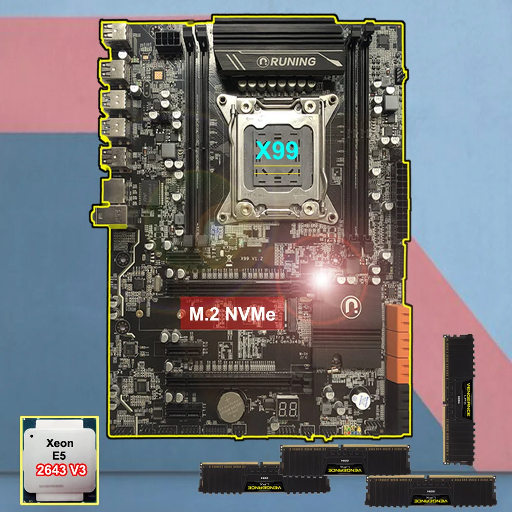 Runing X99 LGA2011-3 материнская плата с M.2 NVMe слот скидка материнская плата с ЦПУ Intel Xeon 2643 V3 ram 64G(4*16G) DDR4 2133