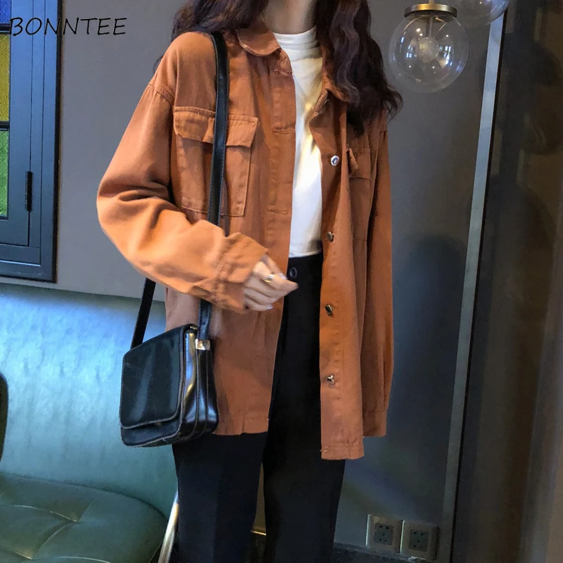

Jackets Women Loose Single Breasted Korean Style Harajuku Womens All-match Solid Pockets Spring Autumn Ladies Trendy Students