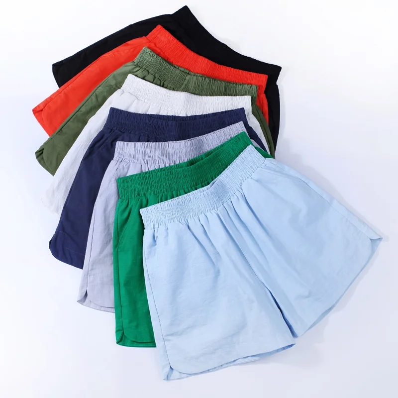 Elástico de Cintura Algodão e Linho Tamanho Grande Alta Shorts Feminino Casual Cor Sólida Solta Fina Perna Larga Verão C7244 4xl 6 High Quality Moda Feminina