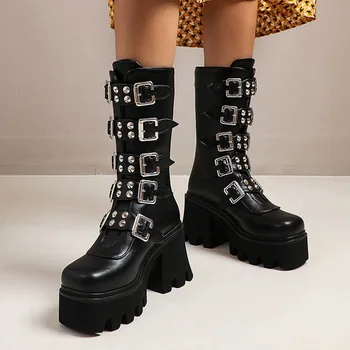 

Winter Gothic Punk Womens Platform Boots Black Buckle Strap zipper Creeper Wedges Shoes Mid Calf Military Combat Boots u542
