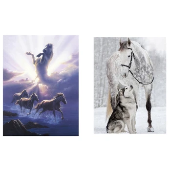 

2 Set 5D Diy Diamond Painting Home Decor Full Square Diamond Embroidery - Wolf and Horse & Four Horses Sky Pattern