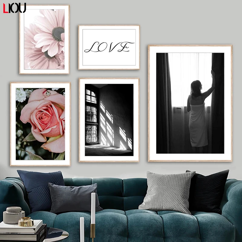 Flower Woman Bath Towel Window Sunlight Wall Art Canvas Painting Nordic Posters And Prints Pictures For Living Room Decor | Дом и сад