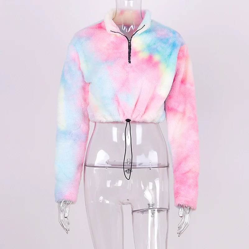 Hugcitar 2019 tie dye long sleeve zipper high neck Faux lambswool crop tops autumn winter women streetwear solid coat jacket