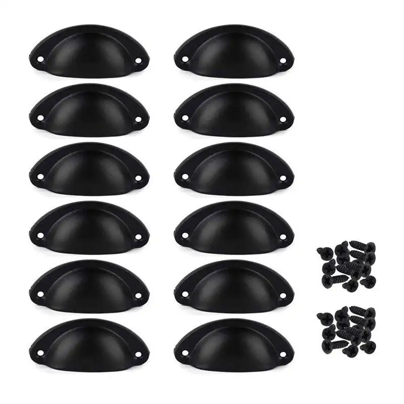 

12Pcs Door Drawer Cabinet Iron Shell Cup Semicircle Handle Pull Knob With Screws 8.1Cmx3.2Cm (Black)