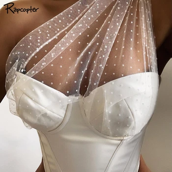 

Rapcopter 2020 Hot Summer Sexy One Shoulder Cropped Top See Through Mesh Bandage Skinny T-shirt for Womens Tube Tops New Arrival