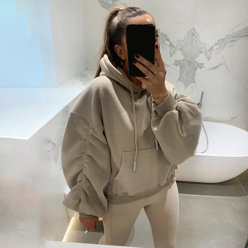 Womens Ruched Sleeve Fleece Sweatshirt 