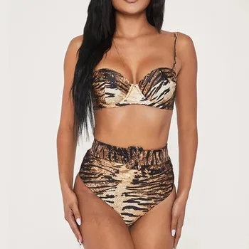 

2020 New Sexy Tiger Printed Bikini High Waist Belt Swimsuit Women Swimwear Bandeau Bikini Set Push Up Bathers Bathing Suit Swim