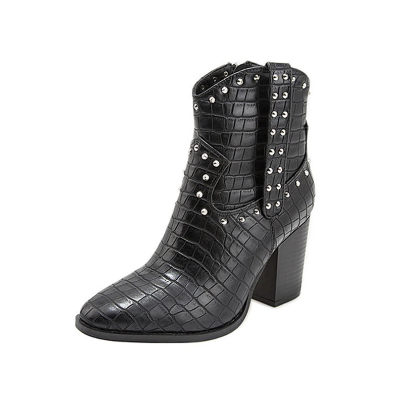 

Women Autumn Zip Pointed Toe Chunky High Heel Boots Female snakeskin Fshion Boots women's Rivets Plus Size Shoes