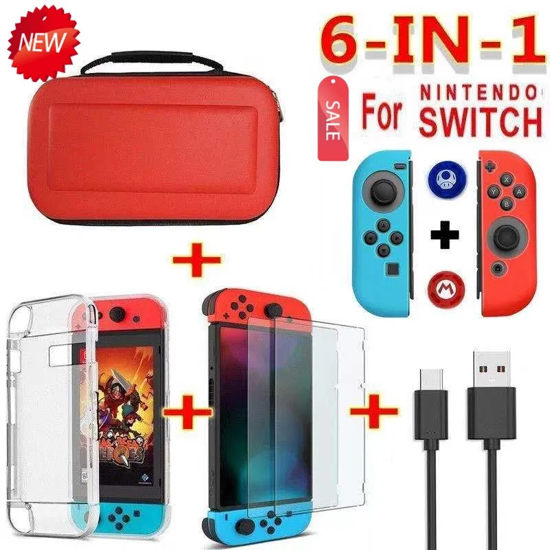 Красный Набор игровых аксессуаров для nintendo switch 6 в 1, дорожная сумка для переноски, защитный чехол для экрана, кабель для зарядки A8 - Цвет: Красный