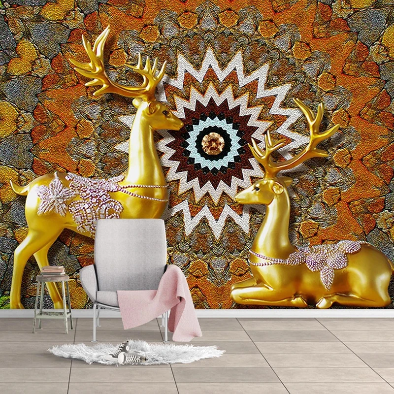 

Drop Shipping Custom Wall Murals Wallpaper European Style Relief Golden Deer Study Room Background Wall Art Decoration Painting