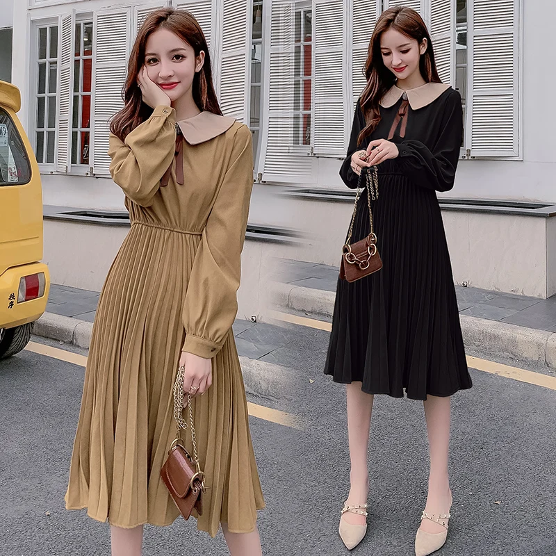 New Korean Version High Waist Bottom-knit Long Sleeve Vestito Donna Pleated Gorgeous Ladies Cute Design Summer Dress for Women