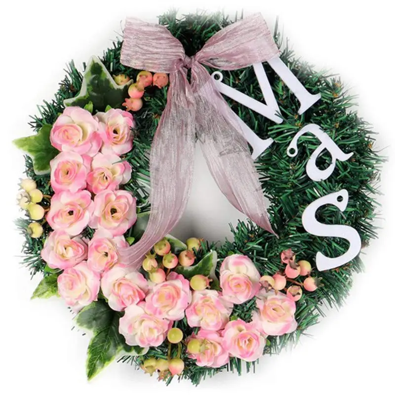 Рождественский венок, 1 шт., 30 элементов розовой розы, рождественской ягоды, зеленого листа, декор для двери, настенное украшение