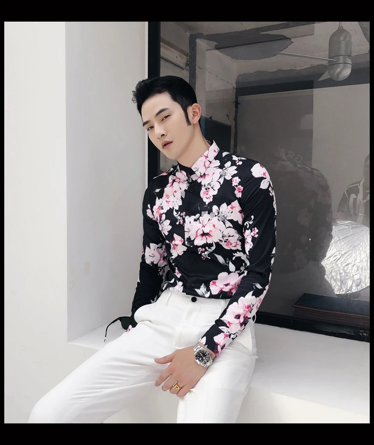 Мужские рубашки с длинными рукавами с цветочным принтом универсальны с праздничными нарядами Британская мода белый черный тонкий корейский