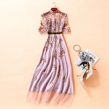

Women luxury designer mesh dress summer 2020 turtleneck short sleeve ankle length maxi a-line heavy floral embroidery dresses