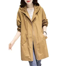 

Spring Autumn Hooded Windbreaker Coats Women's Mid-Length Trench Coat 2021 New thin Female Coat Casual Outerwear Large Size 4XL