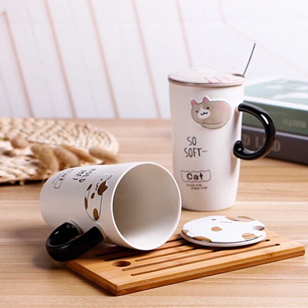 Cute Cat Ceramics Coffee Mug With Lid Large Capacity Animal Mugs creative Drinkware Coffee Tea Cups Novelty Gifts milk cup (2)