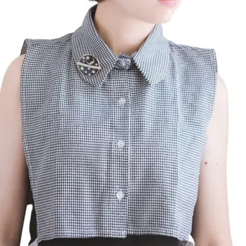 

Women Girls Houndstooth Plaid Print Lapel Half-Shirt Blouse Button Down Detachable False Fake Collar with Moon Star Round Brooch