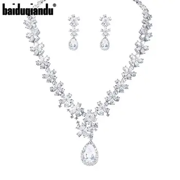 

baiduqiandu Sparkling Cubic Zirconia Flower and Large Pear Drop CZ Wedding Jewelry Sets For Bride or Bridesmaid