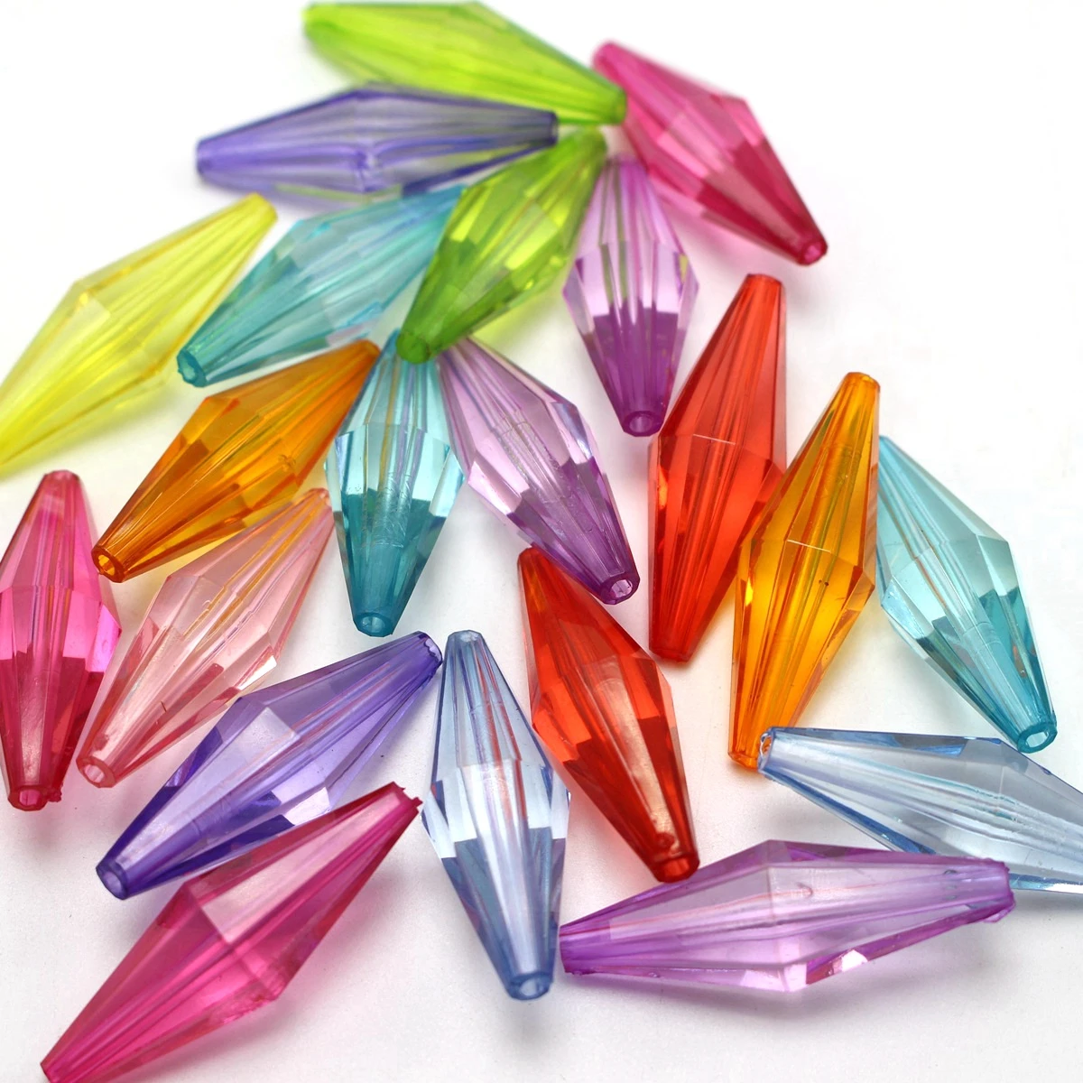 

30 Mixed Color Acrylic Transparent Faceted Double Cone Long Bicone Beads 36X12mm