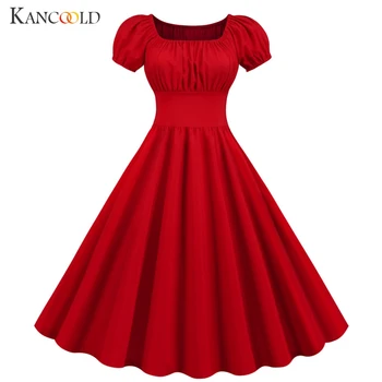 

KANCOOLD dress Women Summer Square Neck Short Sleeve Retro 50s 60s Vintage Party Swing Dress fashion new dress women 2019DEC13