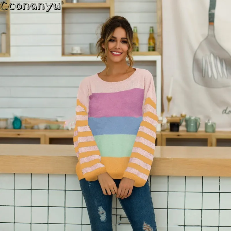 

Women Colored stripe splicing sweater 2019 Autumn Winter Loose Knitted Shirts Casual O-Neck sweater