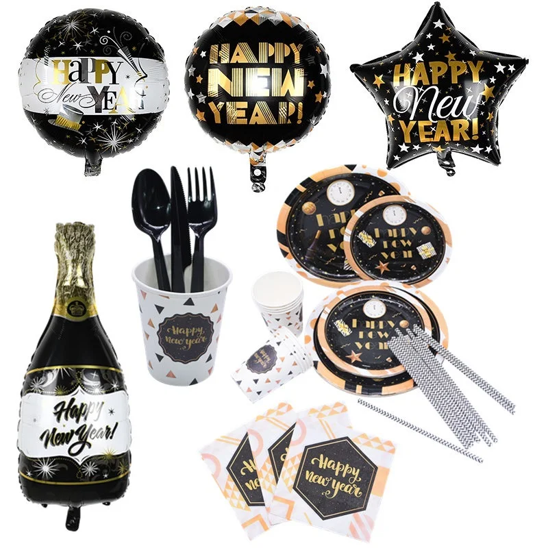 

Black Gold Party Disposable Tableware Set Paper Cup Plate Straws for New Year Party Decoration Happy New Year Festival Balloon