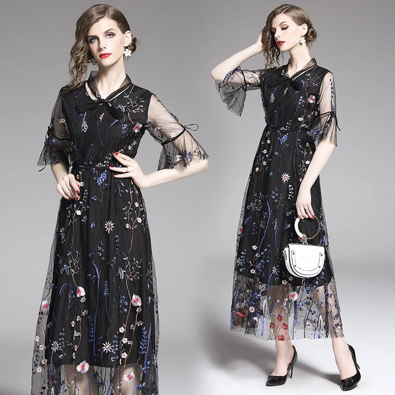 

Photo Shoot Europe And America Women's Dress 2019 New Style Gauze Embroidered Waist Hugging Seaside Holiday France Non-mainstrea