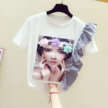 

Tshirt for Woman 2020 Summer Wear New Stereo Flower Beads Flounced Beauty Girl Print Short Sleeve Round Collar T-shirt Casual T