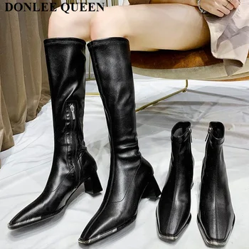 

Vintage Black Square Toe Boots Women Spring Autumn Brand Ankle Boots Thick Heels Female Winter Shoes zapatillas mujer Size 35-40