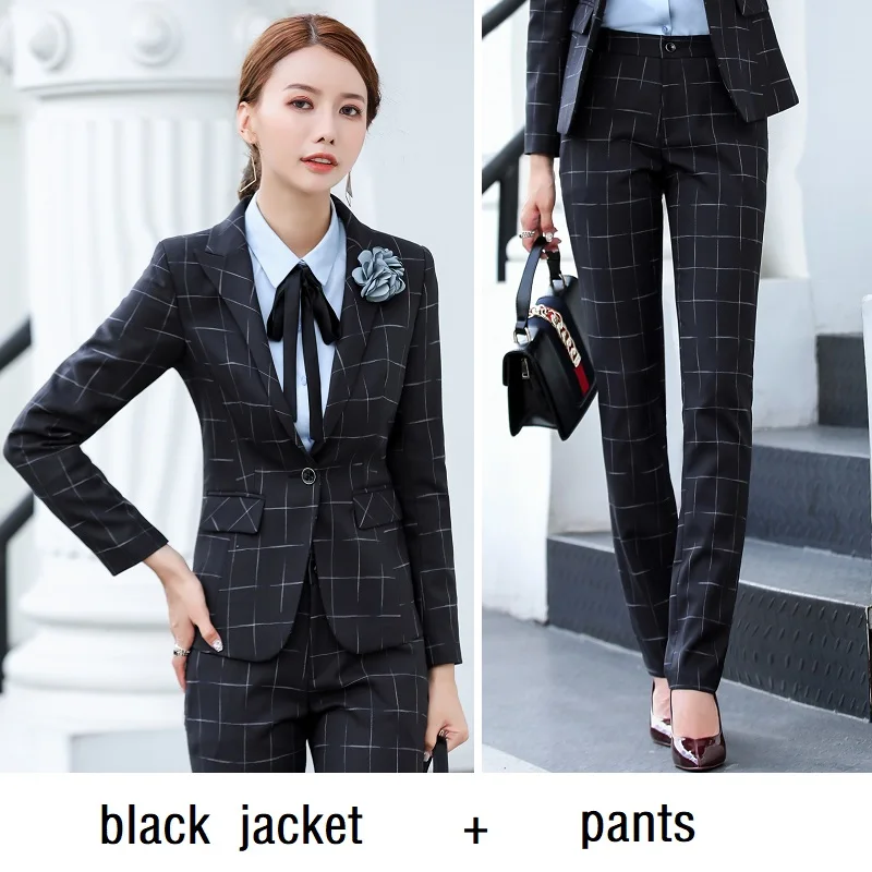 black jacket pants Женские костюмы, облегающие осенне-зимние клетчатые блейзеры, куртки и штаны, комплект из 2 предметов, Деловые женские брючные костюмы, женские комплекты, костюмы 1512 - Цвет: black jacket pants